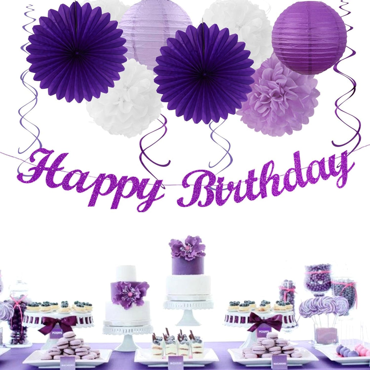 Purple-Lilac Lavender-White Happy Birthday Party-Decorations - 31pcs 20th Women Girls Paper Lanterns Streamers Banner,Tissue Pom Poms Decor,Flower Fans Tassels Graland Backdrop Supplies Hugmoon