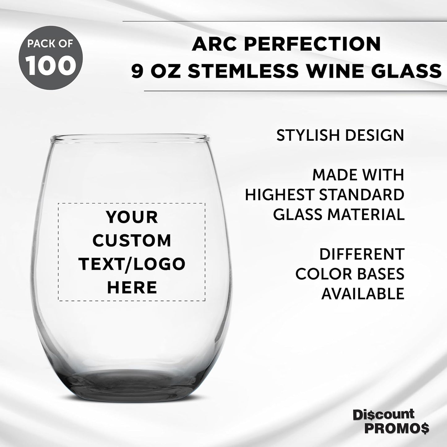 Custom Stemless Wine Glass 9 oz. Set of 100, Personalized Bulk Pack - Great for Wedding Favors, Bachelorette Party Decorations, Party Fovors, Color Bottom - Black