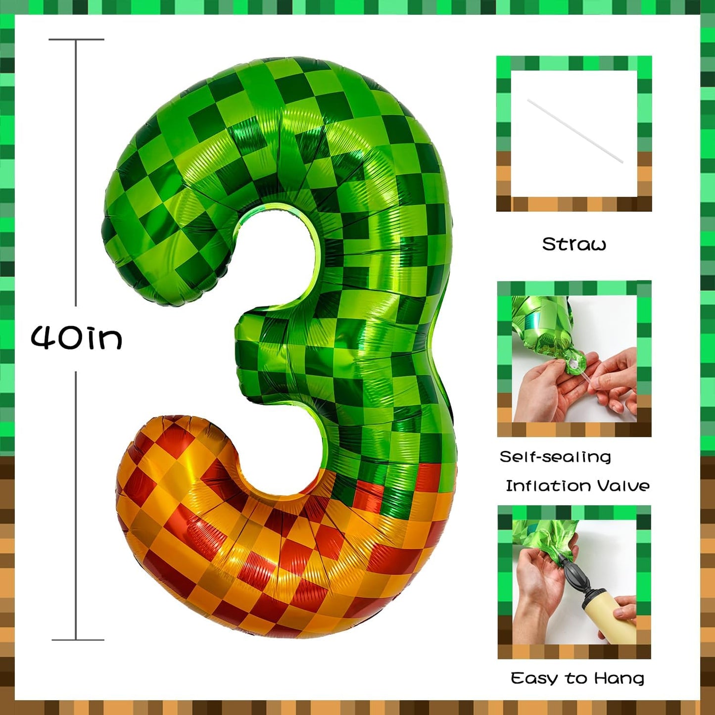 Pixel & TNT Theme 40in Giant Number Balloons - Foil Mylar Birthday Party Decorations for Kids Adults Cumpleaños, Block Style Pixel Art Shape Balloon Decor Supplies (Pixel, Number 3)