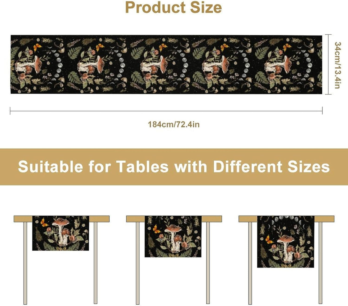 Mushroom Kitchen Table Runner, Boho Vintage Wild Flower Gothic Witchy Moonlit Forest Plant Table Runner for Bedroom Living Room Kitchen Dinner Table, 13x108 Inch