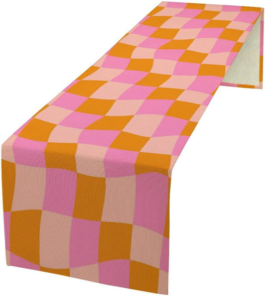 Checkered Table Runner Orange Retro 60s70s Boho Style Kitchen Restaurant Decoration Suitable for Indoor and Outdoor Festival Home Wedding Party Table Runner 13x108 Inch