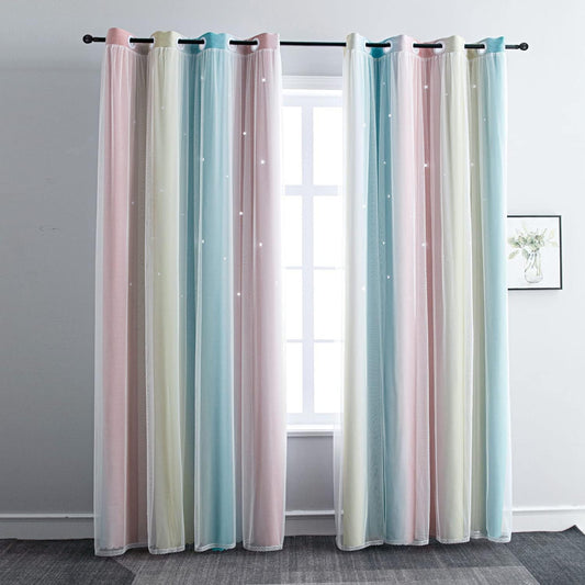 FANLI Ombre Rainbow Blackout Curtains for Kid Girls Bedroom Living Room Darking Stripe Double Layer Star Cut Out Wall Home Decor Gradient Grommet Window Curtains (Pink/Blue, 52W x 72L)