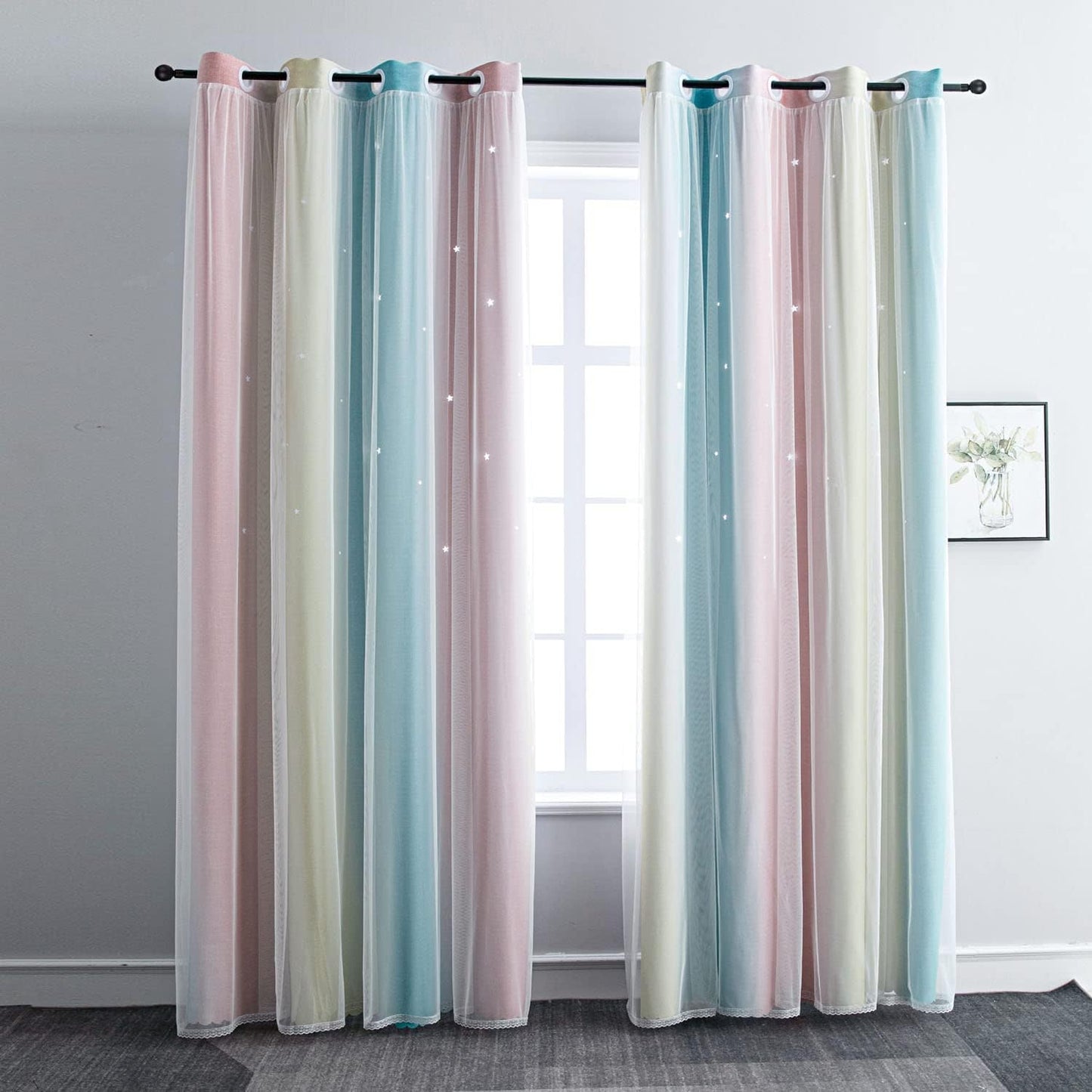 FANLI Ombre Rainbow Blackout Curtains for Kid Girls Bedroom Living Room Darking Stripe Double Layer Star Cut Out Wall Home Decor Gradient Grommet Window Curtains (Pink/Blue, 52W x 84L)