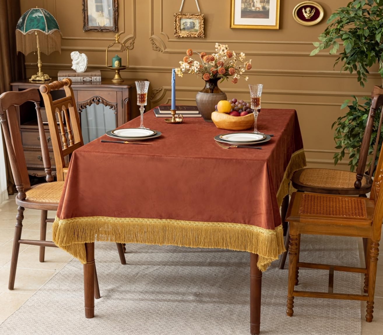 F-CHU Luxury Burnt Orange Tablecloth Thickset Velvet Tablecloth with Beautiful Gold Tassels Vintage Table Cloth for Home Decor Wedding, Party, Banquet and Events 67x120-Inch