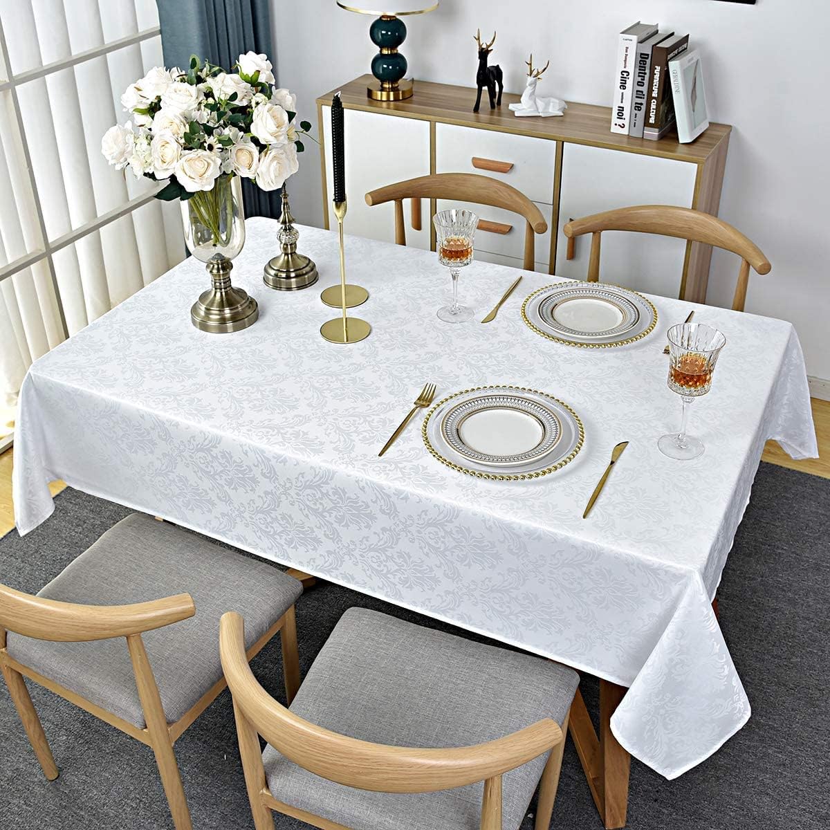 Rectangle Table Cloth - 52 x 70 Inch White Jacquard Tablecloths Damask Design Spillproof Wrinkle Resistant Shrinkproof Soft Tablecloth Polyester Oblong Table Cover for Kitchen Dinning Party Tabletop