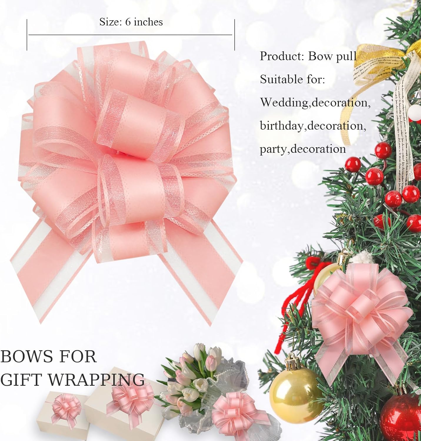 ZhXu Shuo 6 Pieces Large Pull Bows, 6 inches, Organza Fabric, Pink, Wedding & Birthday Occasion, Special Occasions, Classic & Traditional Style, Solid Pattern