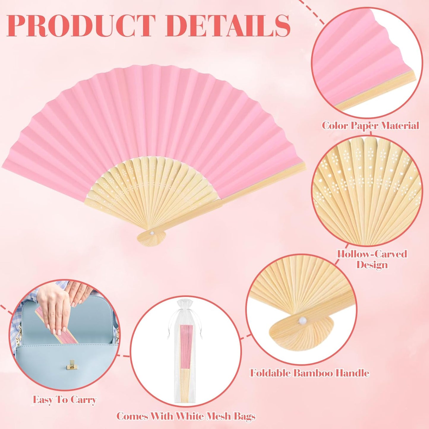 12 Pieces Pink Hand Held Bamboo Folding Fans Paper Fans Handheld for Women Foldable Girls Wedding DIY Decoration Church Home Party Favors Summer