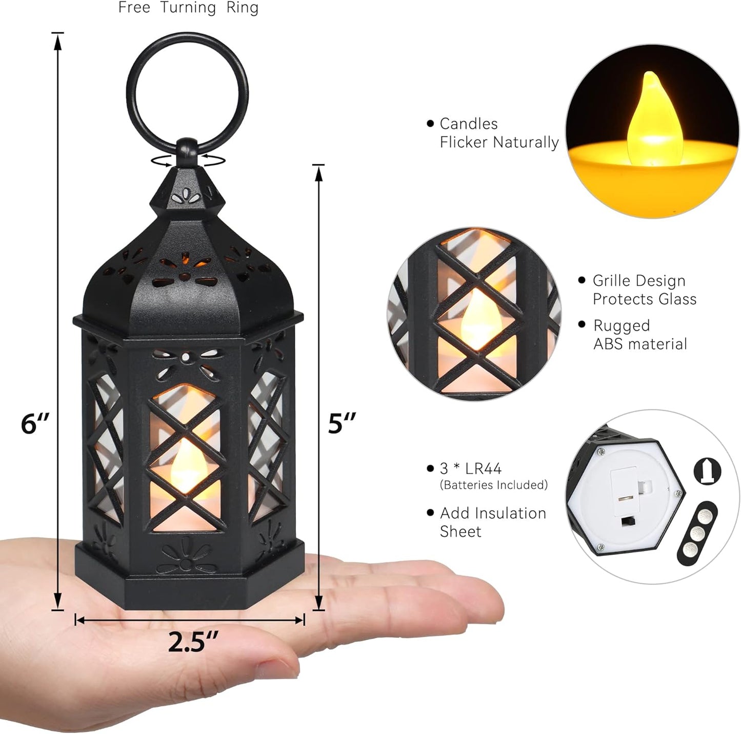 LLQ 12Pcs Mini Lantern with LED Candle, Small Black Lanterns Decorative for Halloween Decorations, Christmas Table Centerpiece, Flickering Candle Holders for Diwali Wedding Medieval Decor, Ornaments