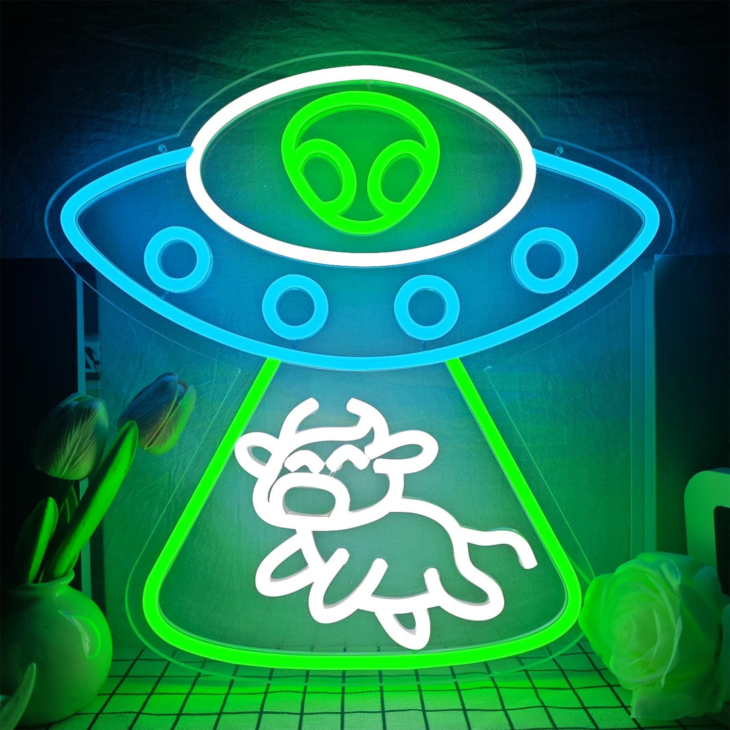 Alien Neon Sign Dimmable UFO Neon Signs for Wall Decor Bedroom Man Cave Alien Spaceship Cow Neon Sign for Kids Birthday Gift