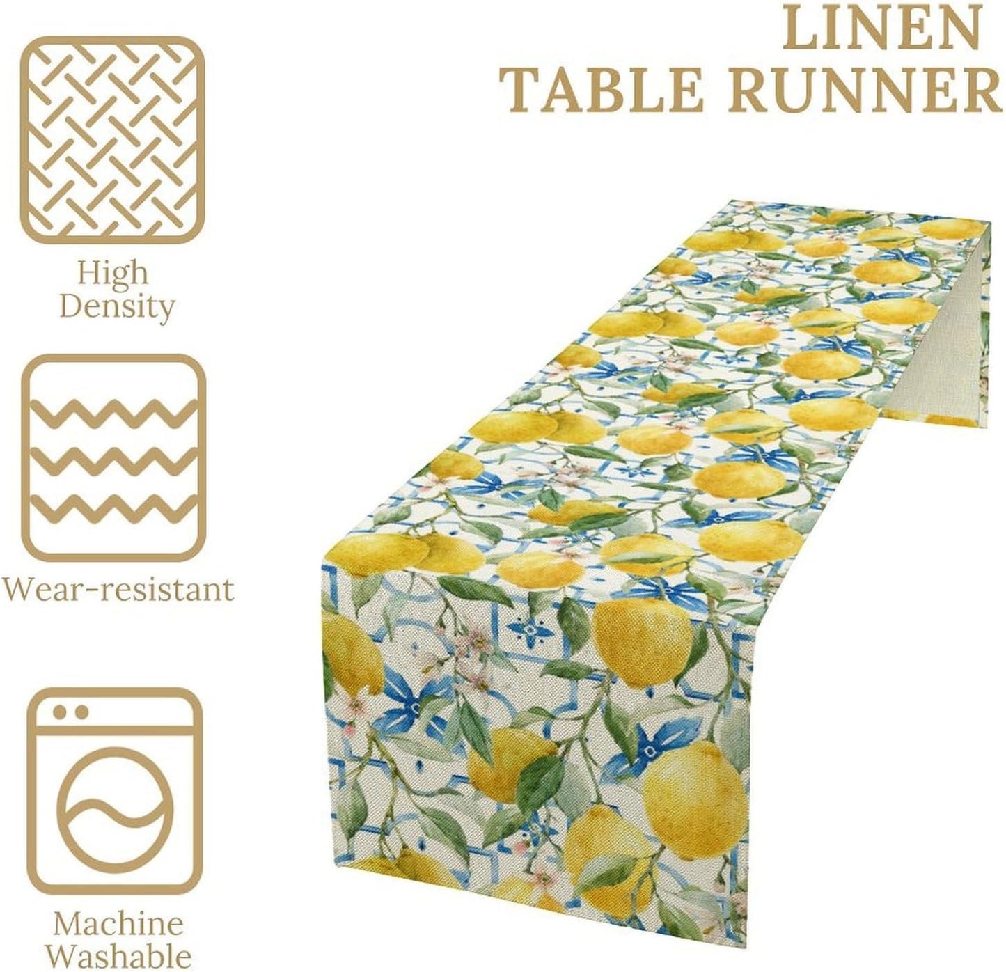 Lemon Table Runner,Watercolor Fruit Green Leaves Spring Summer Table Cloth Kitchen Dining Table Home Party Decoration 13x36 Inch