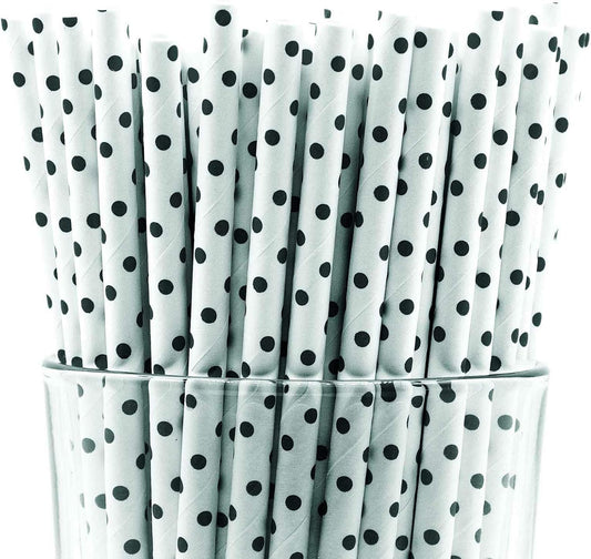 Pack of 150 Black Polka Dot Biodegradable 4-Ply Paper Drinking Straws (Compostable, Non-toxic, BPA-free)