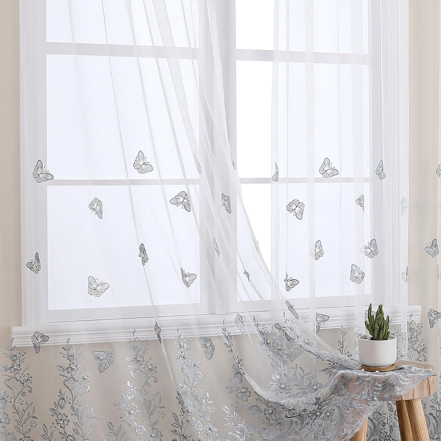 VISIONTEX White Sheer Voile Curtains, Decorative Blue Embossed Butterflies Rod Pocket Window Drapes for Home Kitchen, Living Room and Bedroom 54 x 84 Inch, Set of 2 Curtain Panels