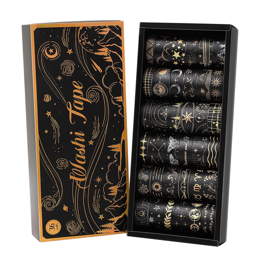 36 Rolls Glow-in-The-Dark Starry Washi Tape Set with Gold Foil Celestial Patterns - Writeable Decorative Tapes for Scrapbooking, Bible Journaling, Bullet Journals 0.6" x 79" per Roll