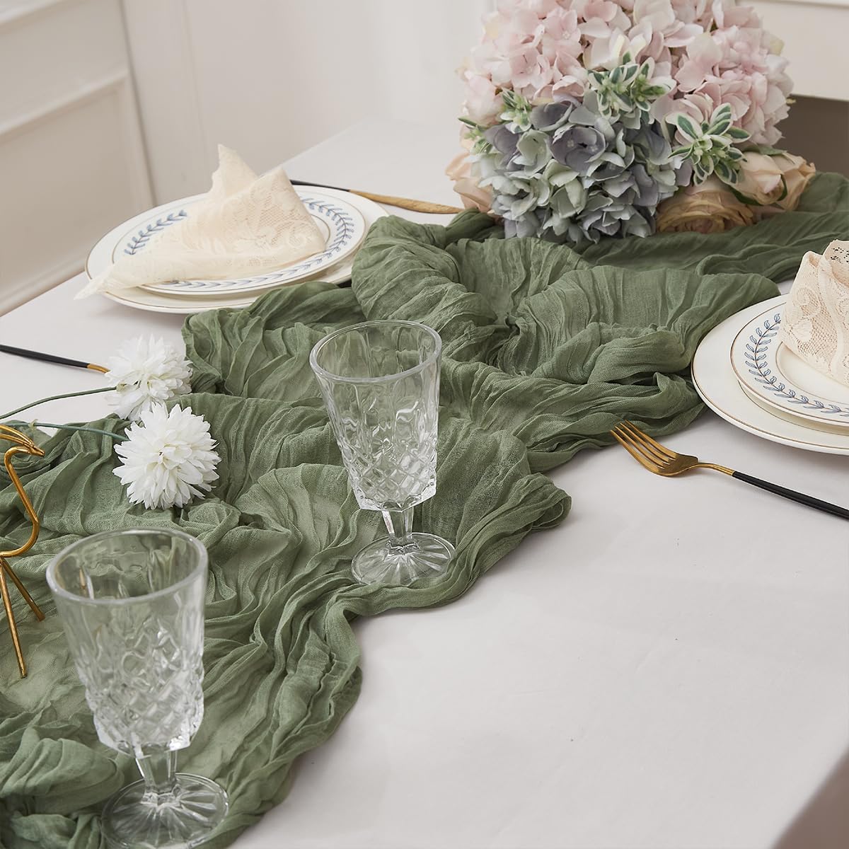 Sage Green 6 Pack Cheesecloth Table Runner 120 Inch 10 FT Boho Rustic Gauze for Wedding Baby Shower Party Farmhouse Summer Home Decor Washable