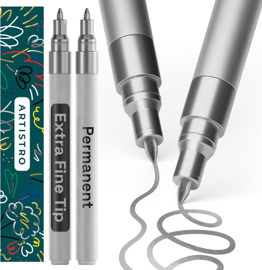 ARTISTRO 2 Silver Permanent Marker - Waterproof Markers for Tire, Fabric, Rocks, Glass, Ceramic, Wood, Paper - Oil Based Metallic Paint Pens - Extra-Fine Tip 0.7mm