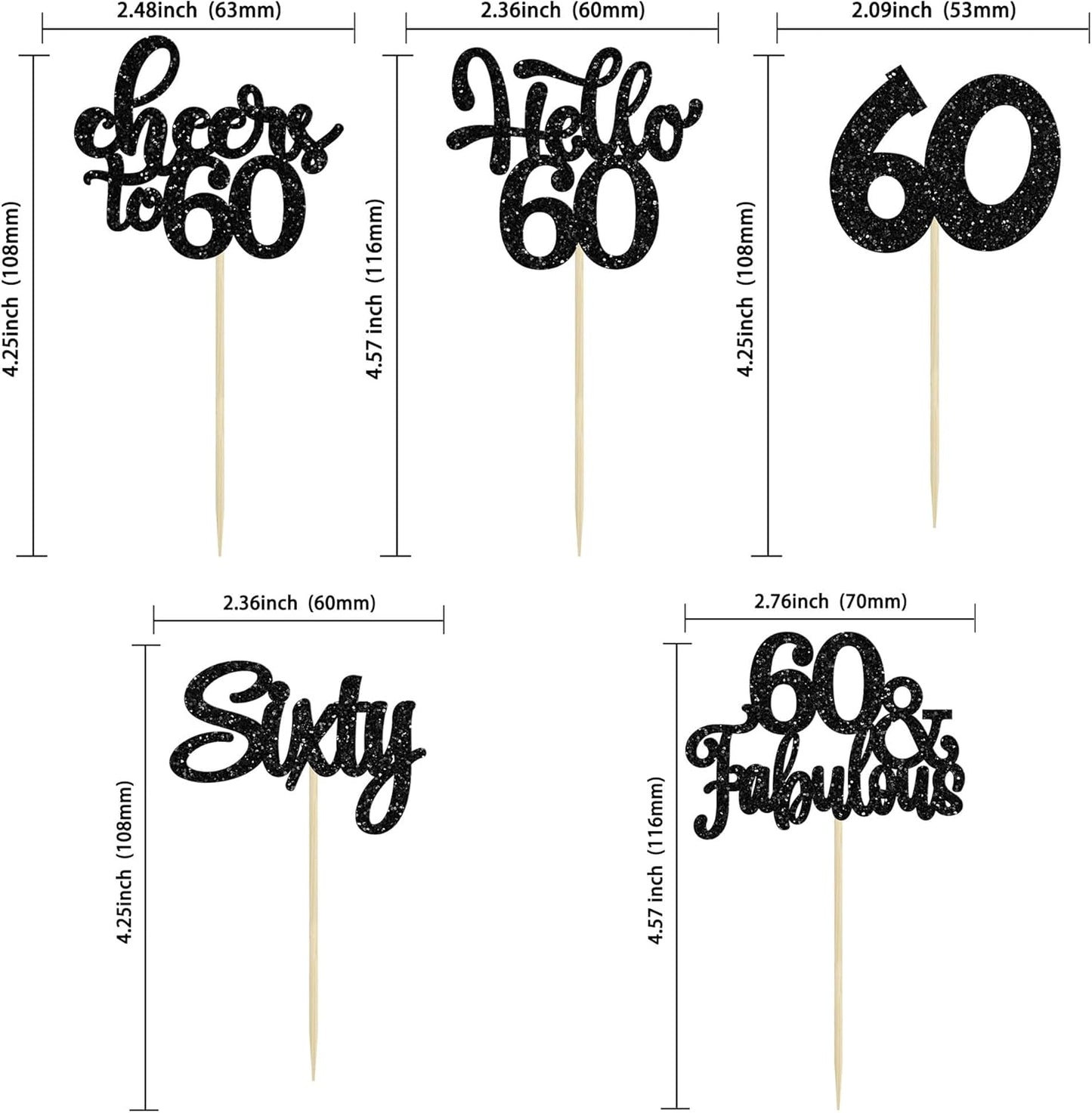 30Pcs Happy 60th Birthday Cupcake Toppers Black Glitter Sixty Cake Toppers Cheers to 60 Years Old Birthday Cupcake Picks for 60th Birthday Anniversary Party Cake Decorations Supplies