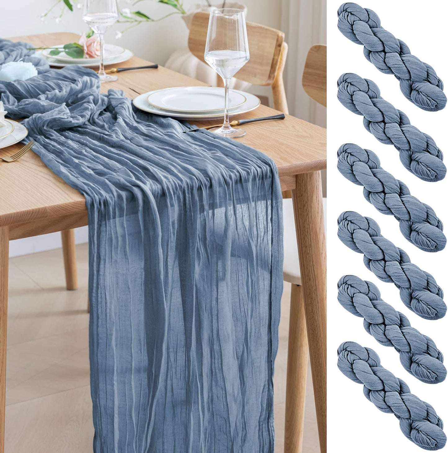 Asee'm 6pcs Cheesecloth Table Runner 120 Inches Long Dusty Blue Boho Gauze Cheese Cloth Runner 10FT Rustic Sheer Table Runners for Christmas Wedding Party Baby Shower Spring Easter Decoration