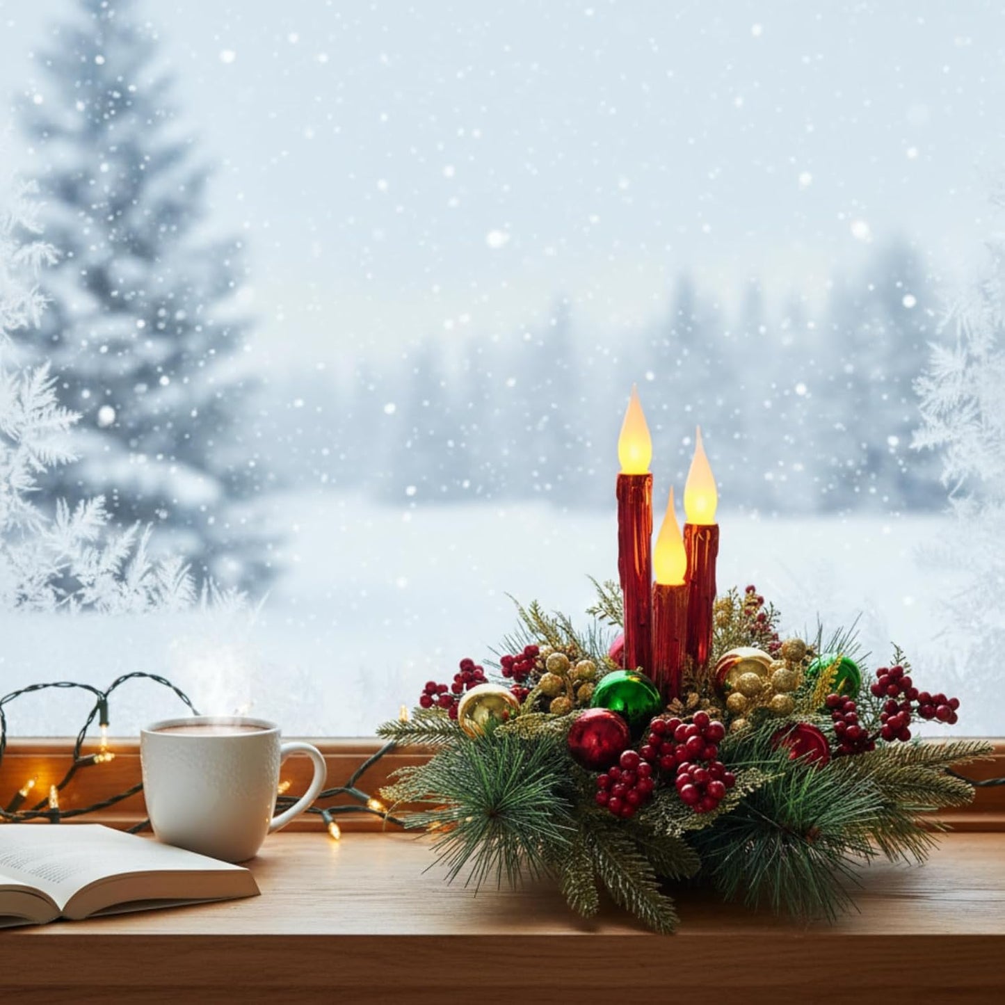 Christmas Floral Arrangement Centerpiece with 3 Flameless LED Candles, Battery Operated Lighted Holiday Table Decoration with Pine, Berries & Ornaments Holiday Winter Decorations