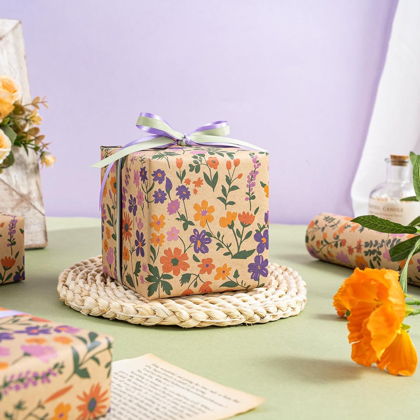 WRAPAHOLIC Kraft Floral Wrapping Paper Roll - Mini Roll - 17 Inch x 9.8 Feet - Vintage Flower Wrapping Paper, Perfect for Wedding, Birthday, Bridal Shower, Tea Party