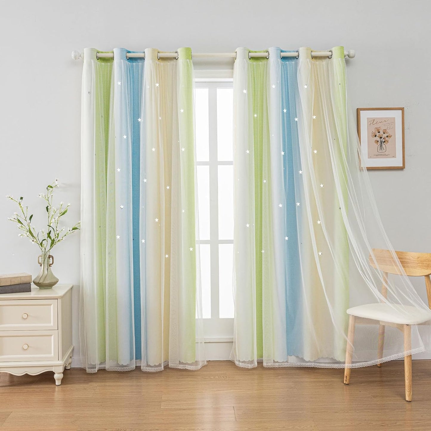 FANLI Ombre Rainbow Blackout Curtains for Kid Girls Bedroom Living Room Darking Stripe Double Layer Star Cut Out Wall Home Decor Gradient Grommet Window Curtains （Blue Green 52Wx72L）