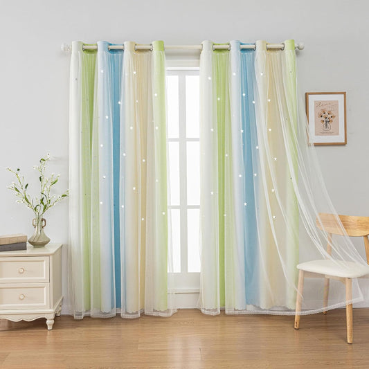 FANLI Ombre Rainbow Blackout Curtains for Kid Girls Bedroom Living Room Darking Stripe Double Layer Star Cut Out Wall Home Decor Gradient Grommet Window Curtains （Blue Green 52Wx84L）