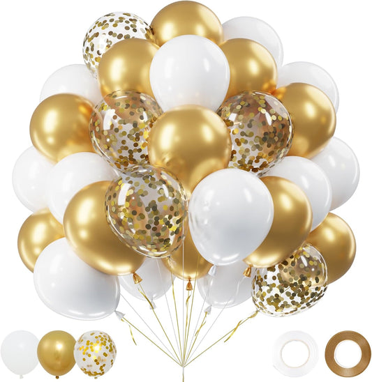 Netnology Gold and White Balloons Set, 60Pcs 12 Inch White Metallic Gold and Gold Confetti Latex Balloon for Birthday Baby Shower Bridal Shower Wedding Graduation Party Decorations