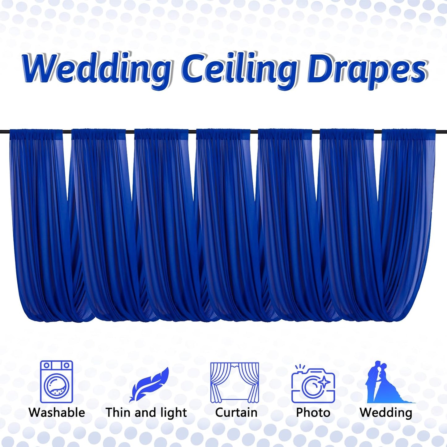 DUOBAO Royal Blue 5x20ft Chiffon Drapes | 6pc Elegant Sheer Wedding Backdrop Curtains | Perfect for Tent, Banquet Hall, and Photography