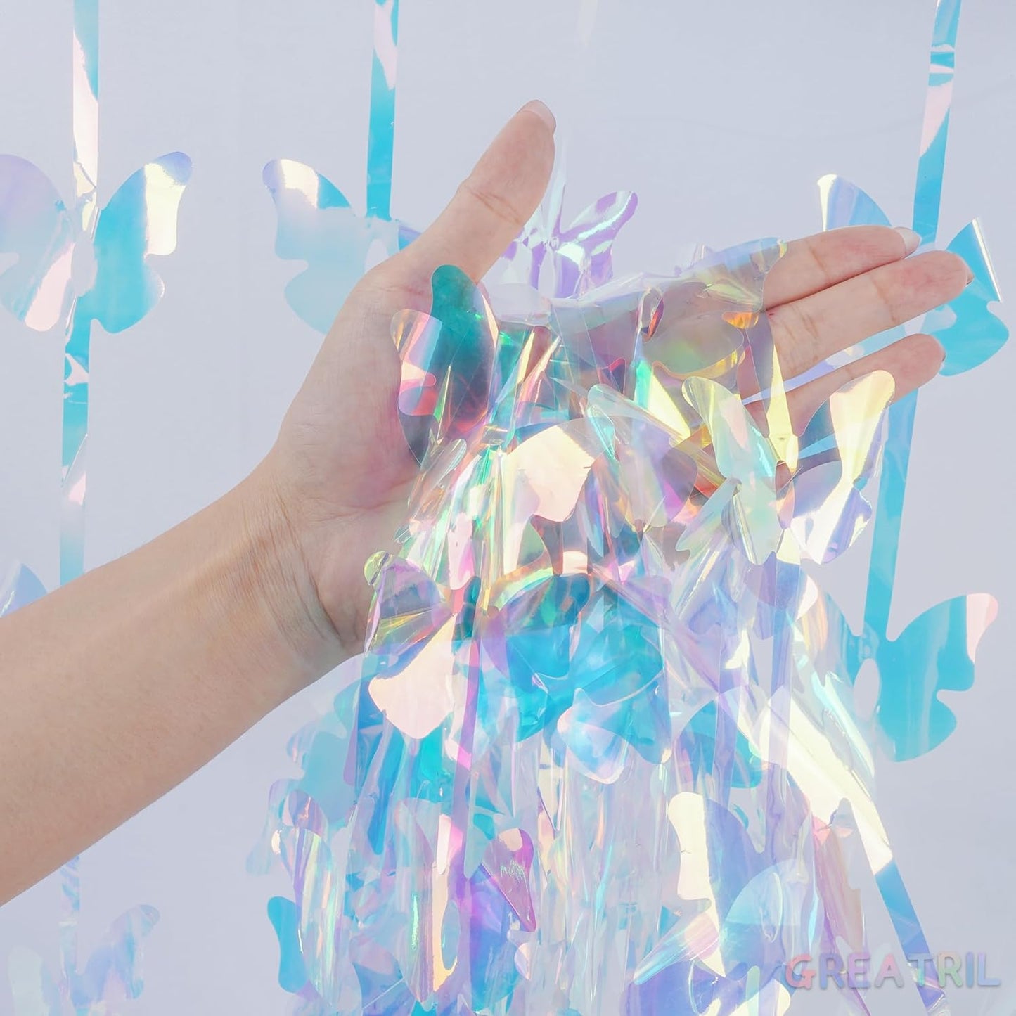 Iridescent Butterfly Fringe Party Backdrop - GREATRIL Fairy Streamers for Butterfly Princess Themed Birthdays Party Decoration - 3.2ft x 6.5ft - 2 Packs