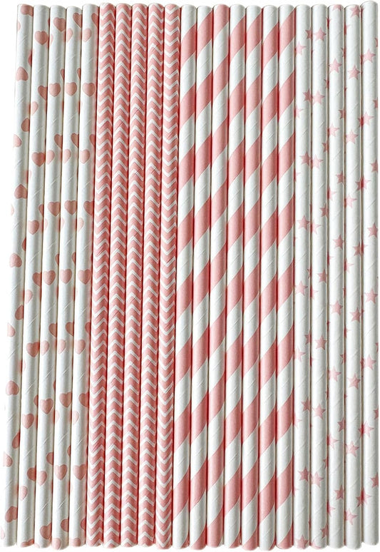 YAOSHENG [100 Pack] Pink & Gold Paper Straws Disposable, 100% Biodegradable Multi-Pattern Party Straws For Birthday, Wedding and Holiday Decoration (Light Powder Series)