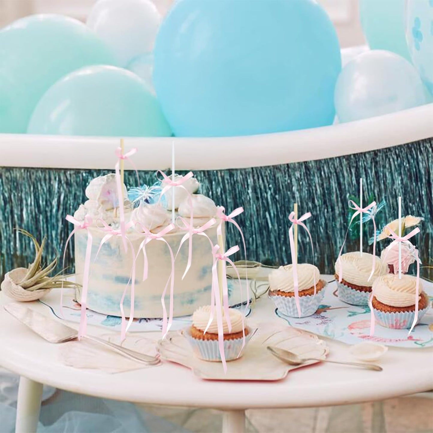 Ephlyn 30Pcs Bow Cupcake Toppers Valentine's Bowknot Ribbons Coquette Bow High Footed Cup Balloon Wall Party Decorations Cake Dessert Picks Birthday Wedding Party Supplies Pink