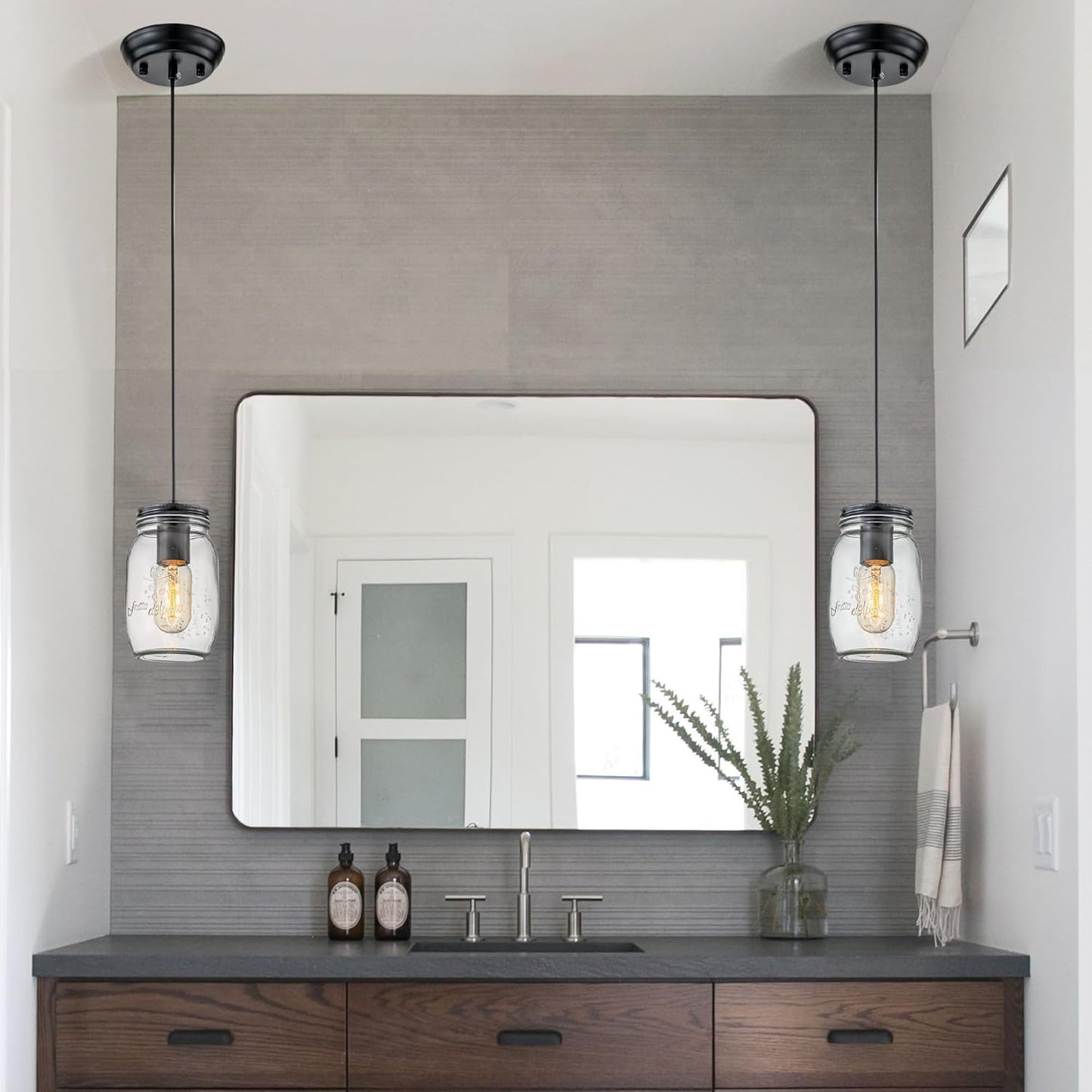 Kitchen Island Light, 1 Lights Adjustable Pendant Lighting, Glass Mason Jar Hanging Lamp(2 Pack)