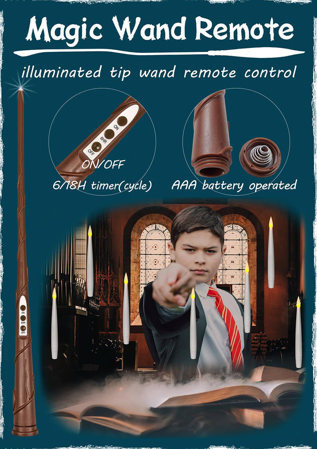 Leejec Floating Candles with Magic Wand Remote (6/18H Timer), 20pcs 6.1” Hanging Flameless Taper Candles, Flickering Warm Light, Halloween Christmas Classroom Windows Wedding Party Decor(White)