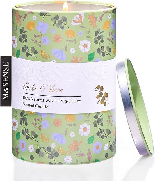 M&SENSE Herbs Vines Scented Candle, Medium Jar Candle 11.3oz Natural Soy Wax for Home Scented, Floral Candles Gift for Spring Holiday, Up to 70 Hours Burning Long-Lasting Fragrance