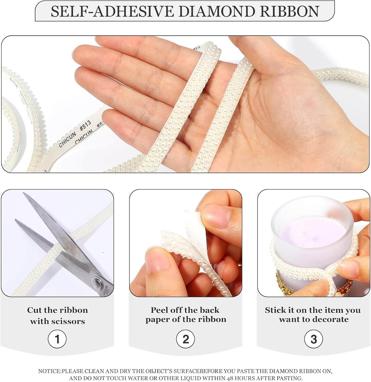 Off-White Pearls Ribbon 3 Yards Self Adhesive Pearls Strips Diamond Ribbon Sticker Crystal Roll Glitter Bling Rhinestones Tape for Crafting DIY Art Decoration (0.4 Inch)