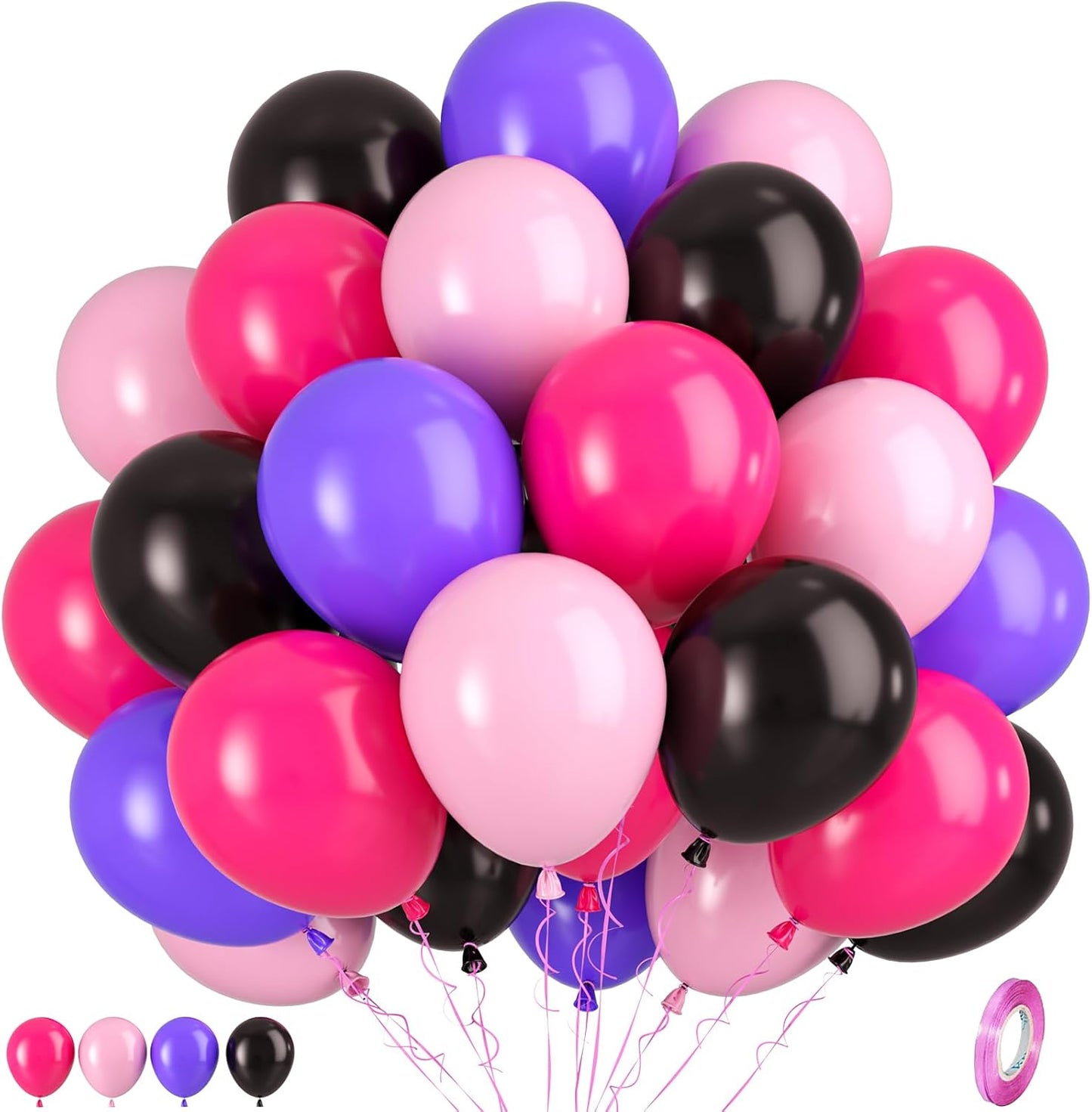 Pink Purple Black Balloons, Hot Pink and Purple Balloons, Matte Hot Pink Purple Black Macaron Pink Balloon for Girls Woman Party Birthday Gender Reveal Baby Shower Valentine Wedding Decorations