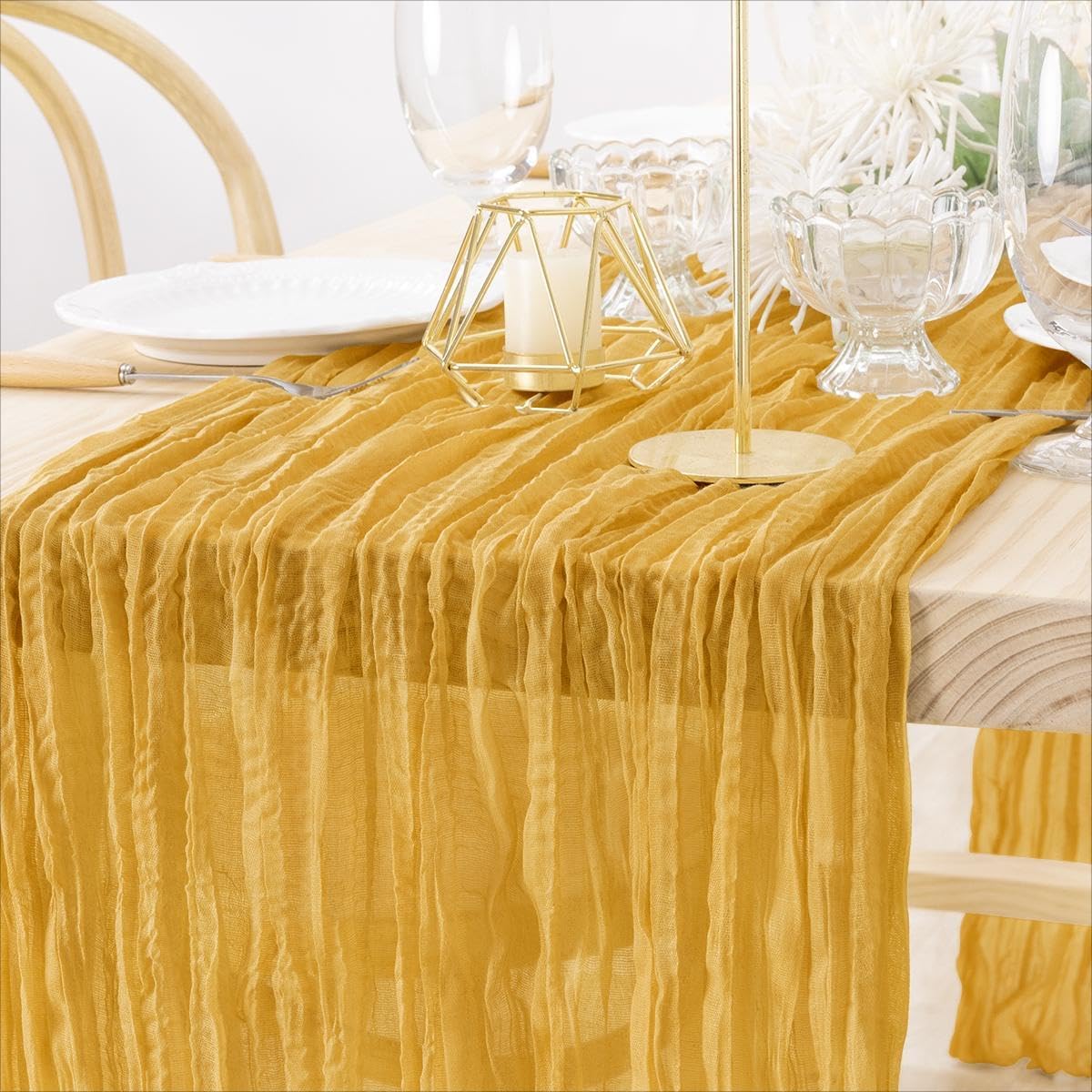 MLMW 6 Pack Fall Thanksgiving Table Runner Gold Cheesecloth Table Runner Halloween Boho Gauze Rustic Cheese Cloth 160 inch 13.3ft for Wedding Party Baby Shower Bridal Shower Holiday Decorations