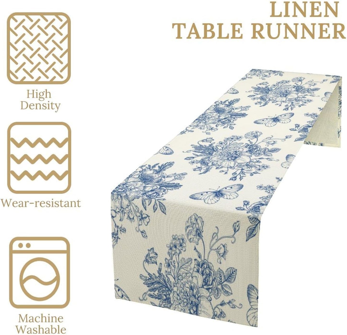 Monochrome Sketch Flowers Table Runner, Seasonal Spring Fall Plants Blue Florals Butterfly Dinner Runner for Home Kitchen Dining Table Party Holiday Decoration 13"x108"