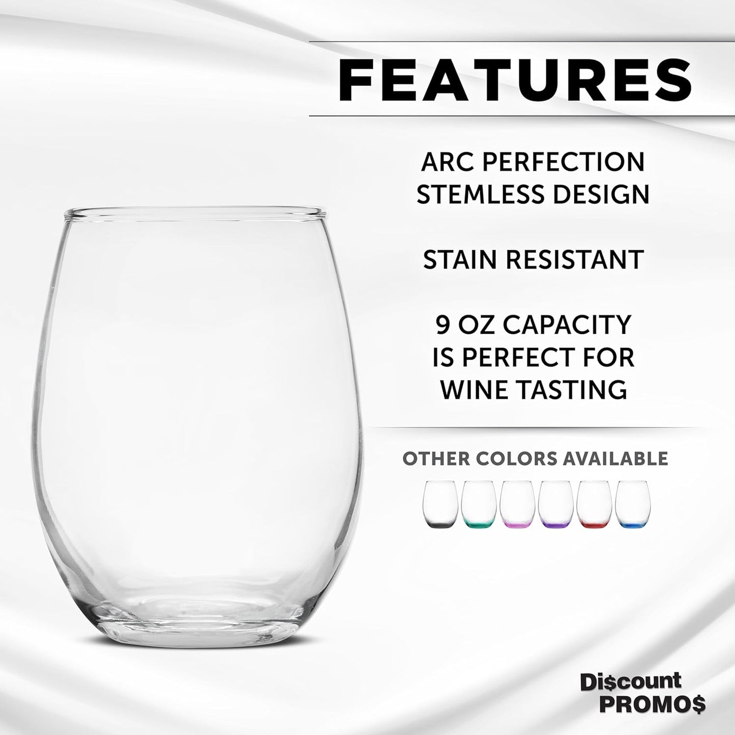 DISCOUNT PROMOS Stemless Wine Glass 9 oz. Set of 10, Bulk Pack - Great for Wedding Favors, Bachelorette Party and More - Clear Bottom Color