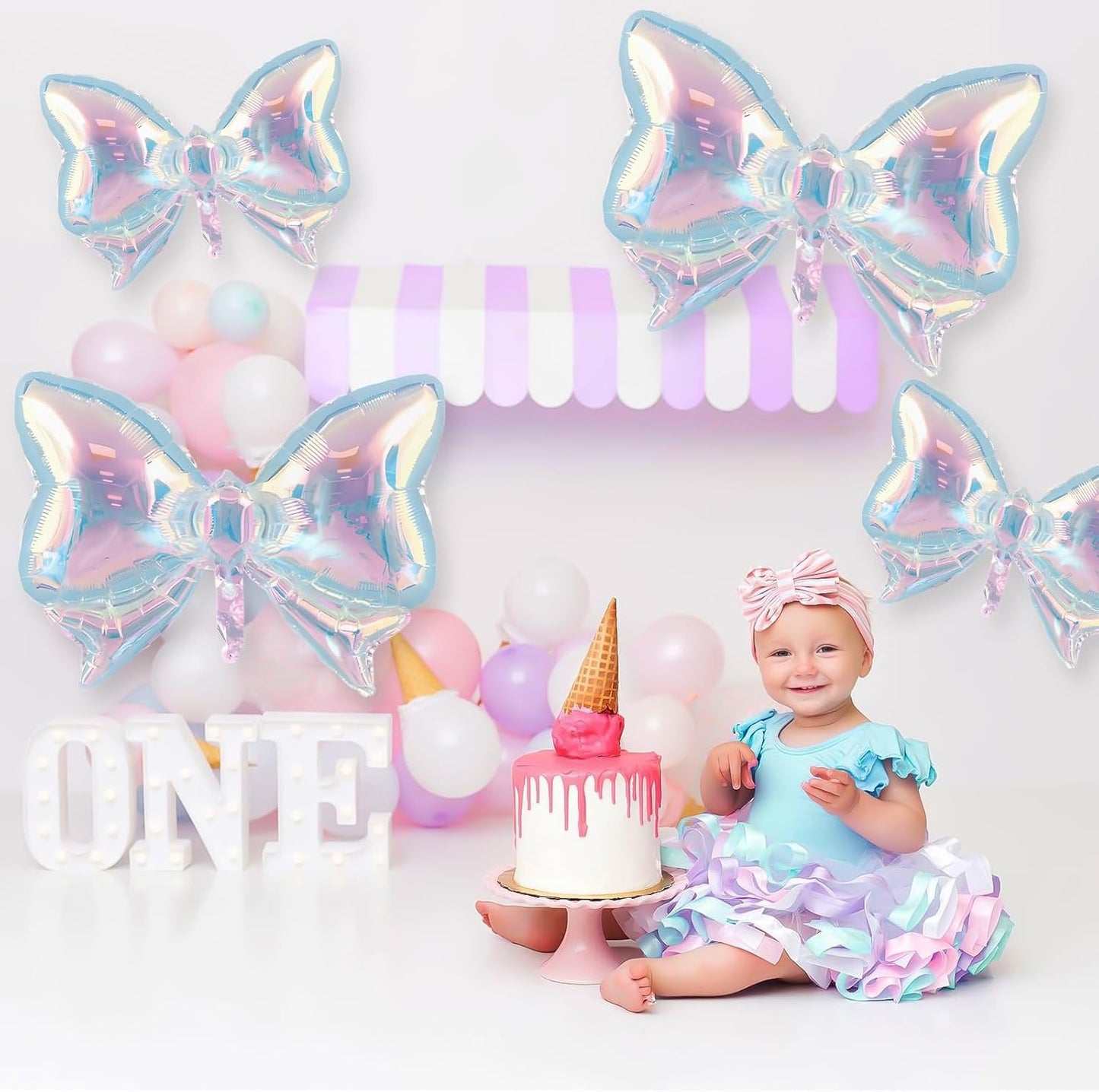 4Pcs Iridescent Foil Balloons, Iridescent Bow Foil Balloons, Rainbow Bow Holographic Clear Foil Balloon for Birthday Baby Shower Mermaid Rainbow Bachelorette Wedding Party Decorations