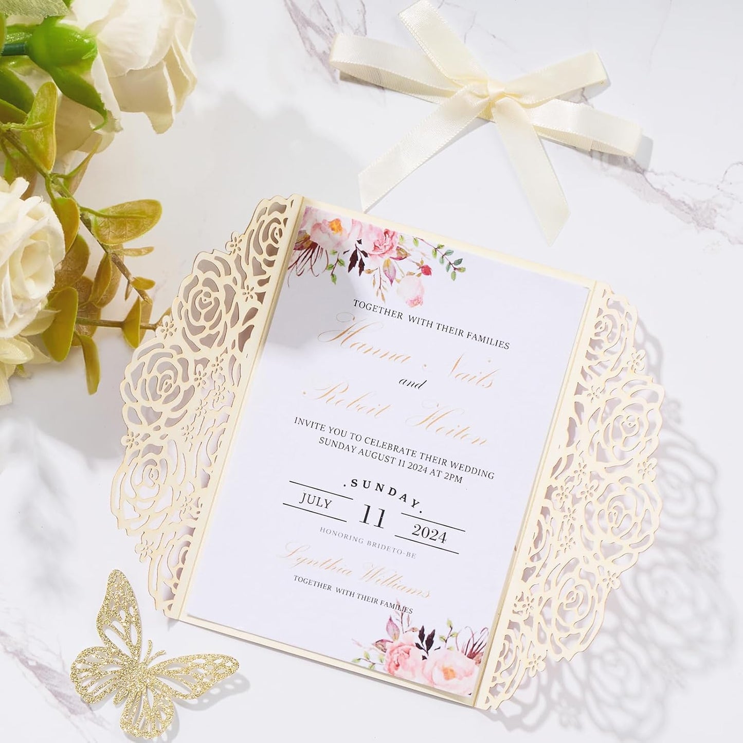 50PCS Gold Glitter Laser Cut Wedding Invitation with Butterfly Ribbons Hollow Rose Shape Wedding Invitations with Envelopes and Rsvp Cards for Wedding Bridal Shower QuinceañEra Engagement