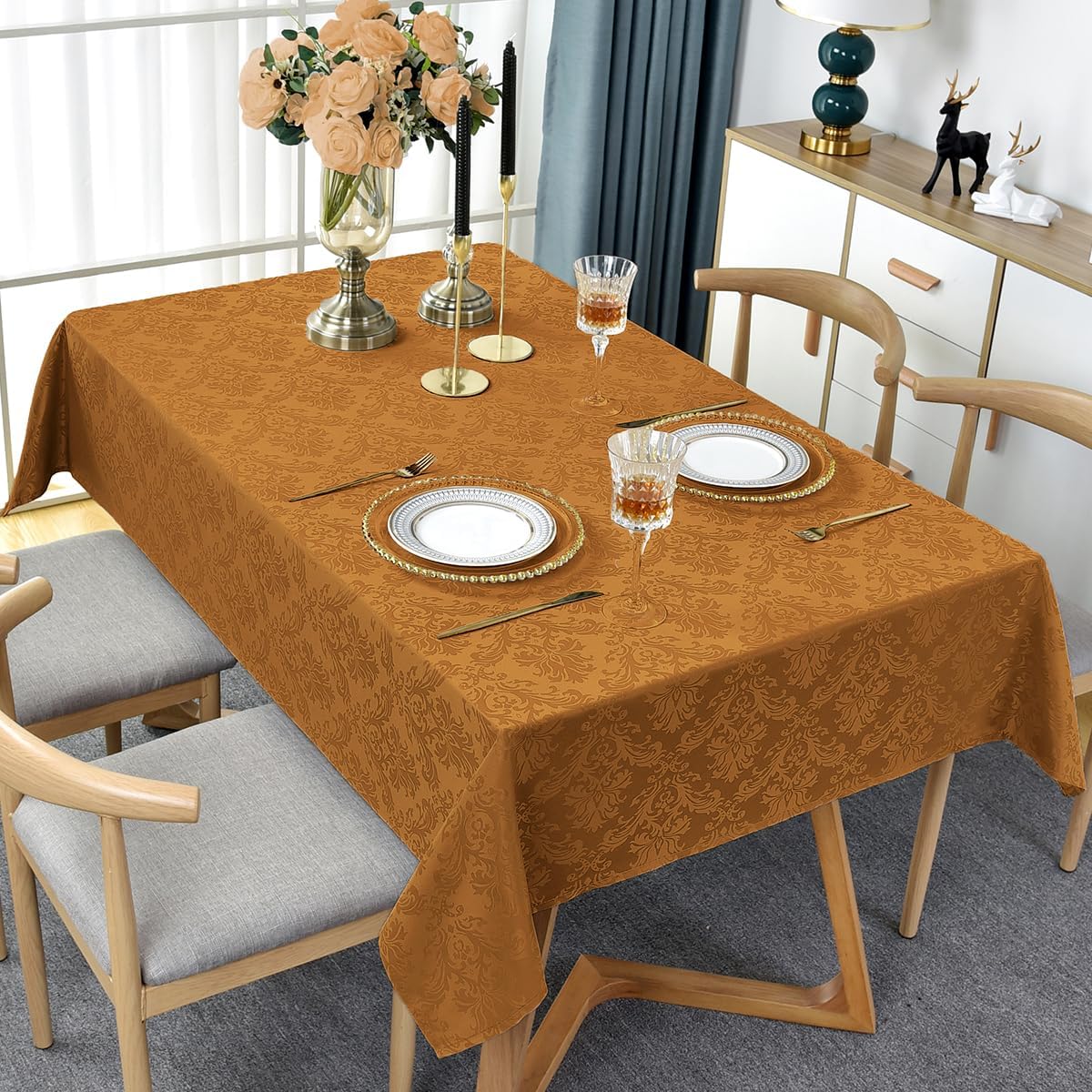 SASTYBALE Fall Tablecloth for Rectangle Tables 60 x 102 Inch Spill Proof Washable Autumn Jacquard Damask Heavy Table Cloth, Polyester Table Cover for Thanksgiving, Harvest, Holiday, Amber/Bronze