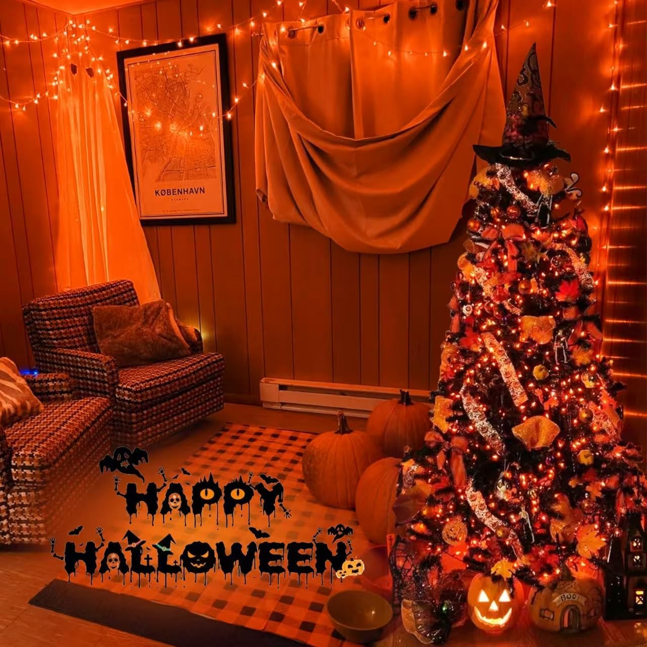 YEGUO 165ft 500 LED Halloween Lights Outdoor Waterproof, 8 Modes Orange String Lights Plug in, Green Wire Christmas Lights Indoor with Timer Memory
