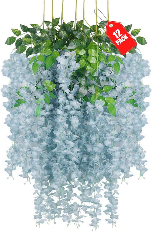 12 Pack Grey Wisteria Hanging Flowers, 3.44 Ft Fake Hanging Flowers, Artificial Wisteria Garland Vines for Wedding Room Backdrop Outdoor Patio Garden Decoration