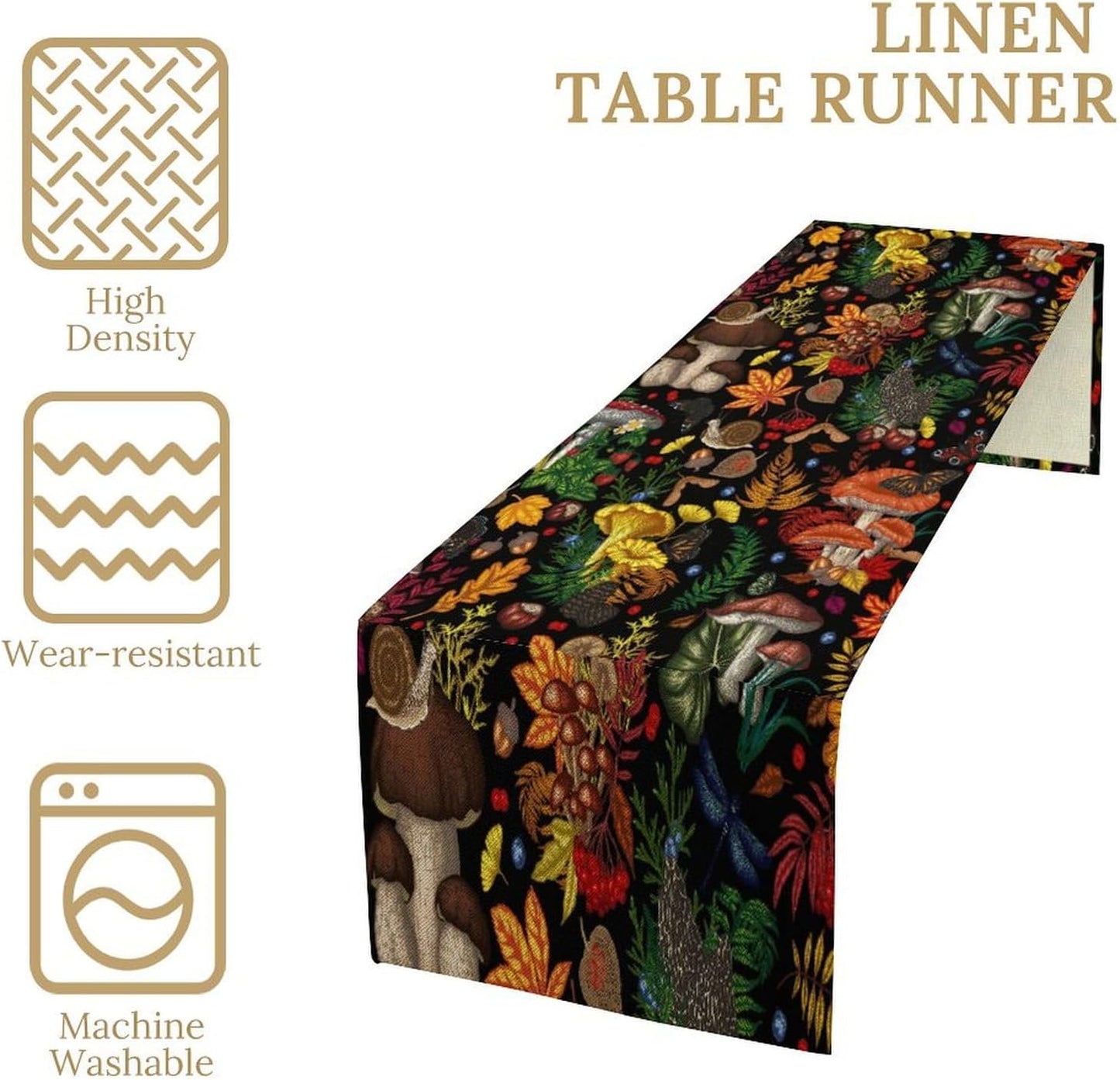 Nature Mushroom Table Runner,Retro Boho Floral Botanical Plant Forest Pattern Print Tablecloth Burlap for Hotel Indoors Outdoor Dining Room Kitchen Holiday Party, 13x80in