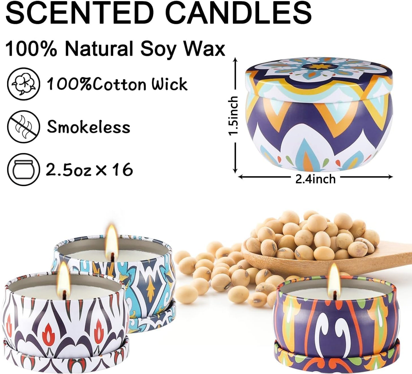 Scented Soy Wax Travel Tin Jar Candles - 2.5 OZ Gifts for Home, Mom - Christmas, Birthday, Thanksgiving, Mother's Day - 16 Pack