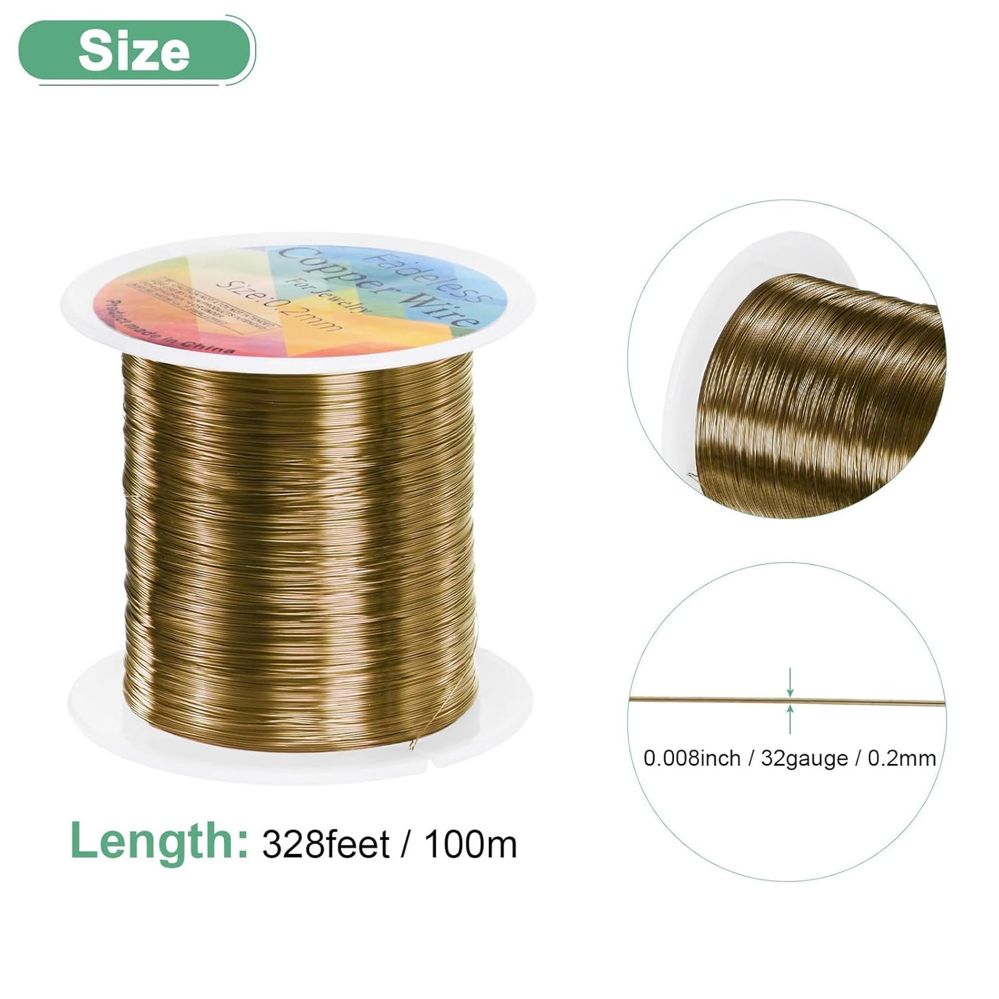 0.2mm Jewelry Wire, 32 Gauge 328FT Craft Wire Copper Beading Wire for Jewelry Making/Planting/Weaving/DIY Crafting, Soft Metal Wires [100M, Bronze Tone]