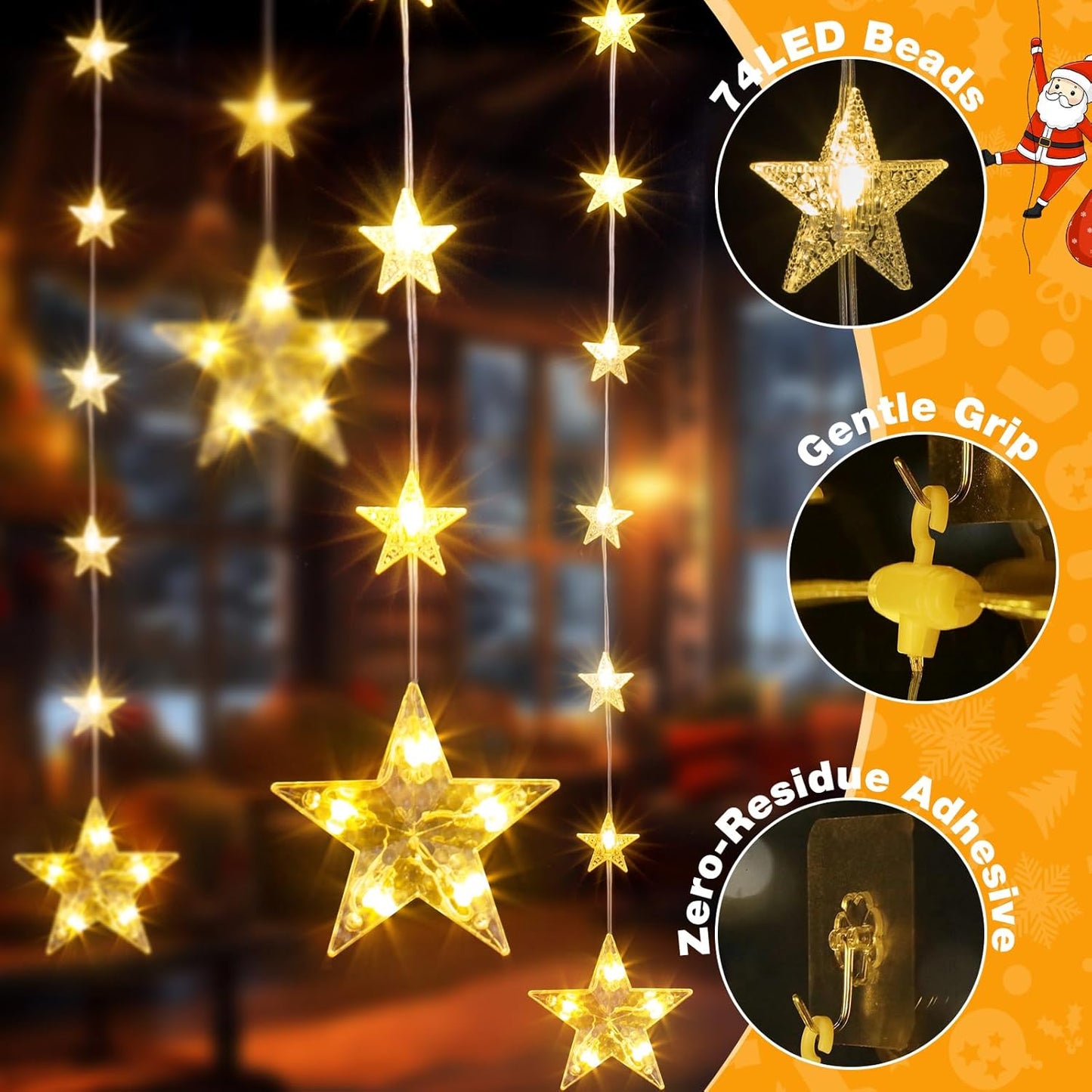 46 Stars Christmas Window Lights, IP65 Waterproof 74 LEDs Twinkle Star Curtain Lights with 8 Modes Timer, Warm White Battery Operated Hanging Christmas Star Decoration for Indoor Outdoor Xmas Bedroom