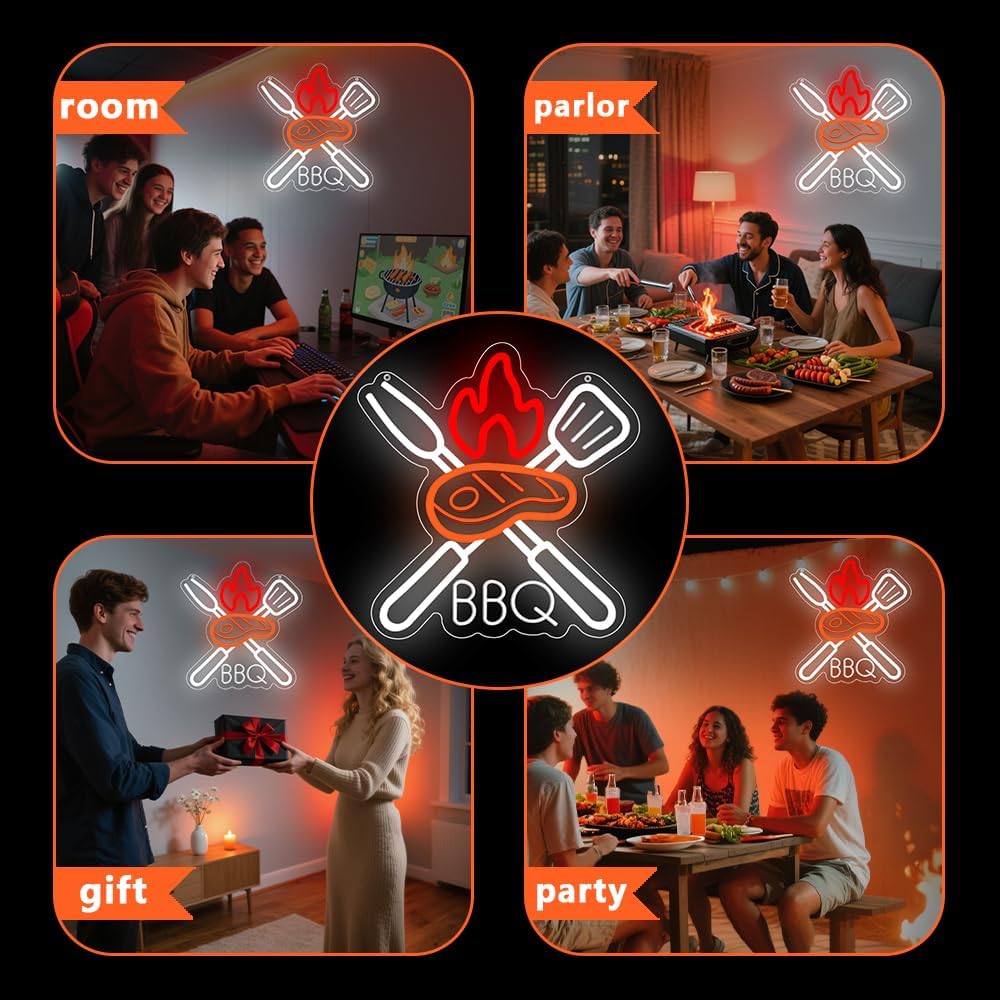 BBQ Neon Signs for Wall Decor,Adjustable Brightness Grill LED Sign for BBQ Party Decorations,Neon Lights Sign for Barbecue Restaurant,BBQ Signs for Outside,Home, Bar, Party,Christmas Gift