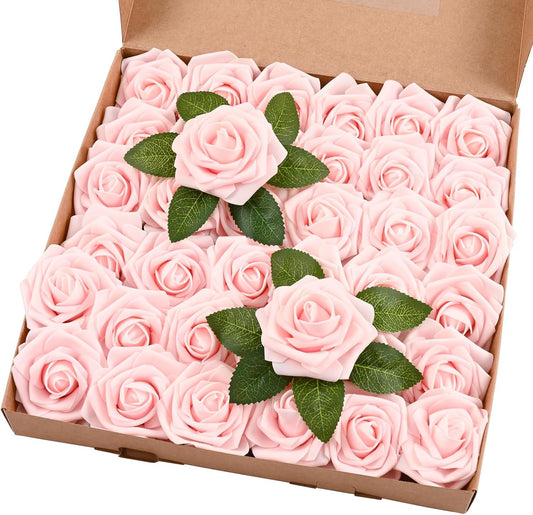 BLEUM CADE 36Pcs Artificial Flowers Fake Roses with Stems, Pink Boxed Foam Roses for DIY Bouquets Centerpieces Wedding Party Arrangement Bridal Shower Decor