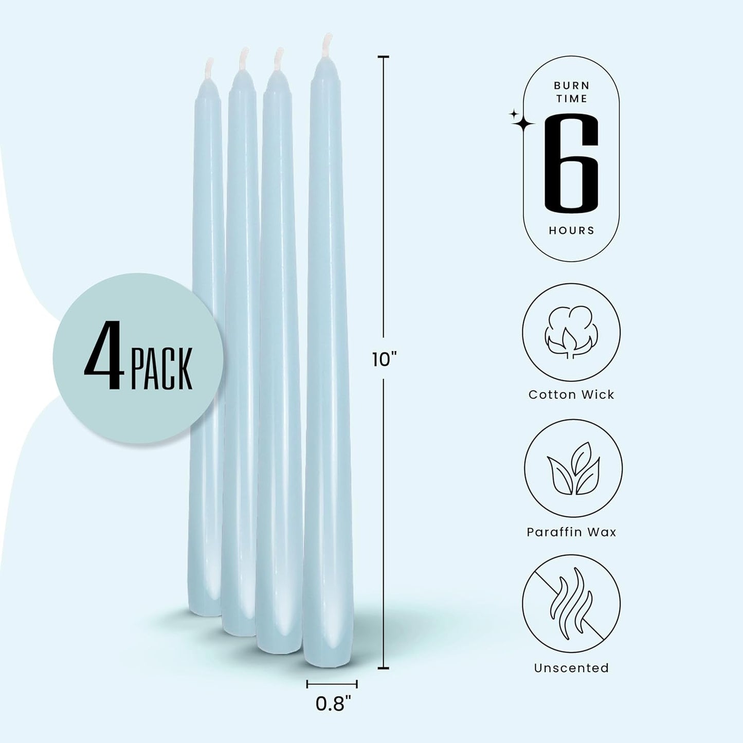 Leor & Lair Light Blue Taper Candles - 4 Pack 10" Light Blue Candlesticks - Unscented Candle Sticks for Winter Home Decor, Easter Dinner, Weddings, Restaurants & Events